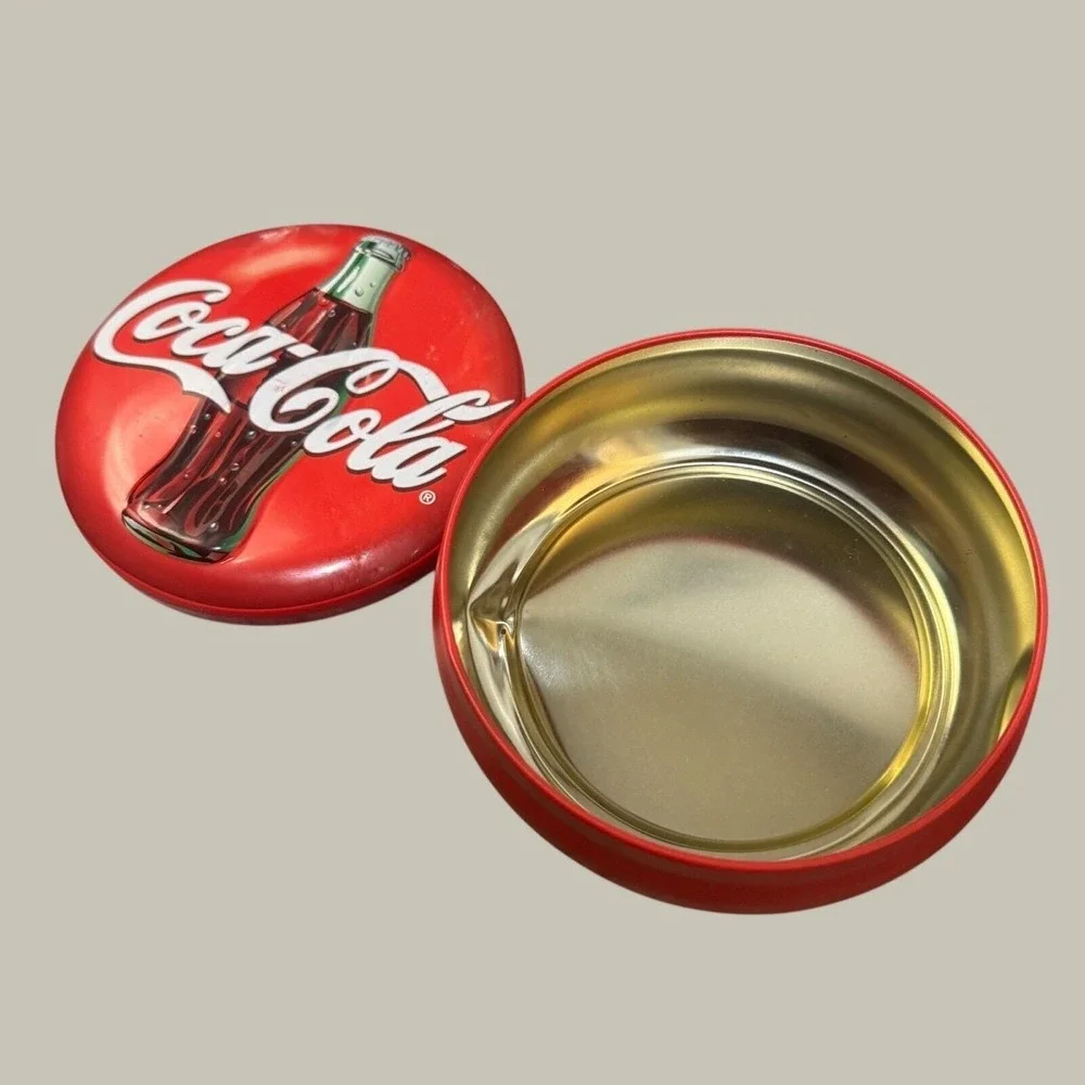 Coca Cola Embossed Red Metal Storage Tin‎ Round Button Lid 2001 Vintage Trinket